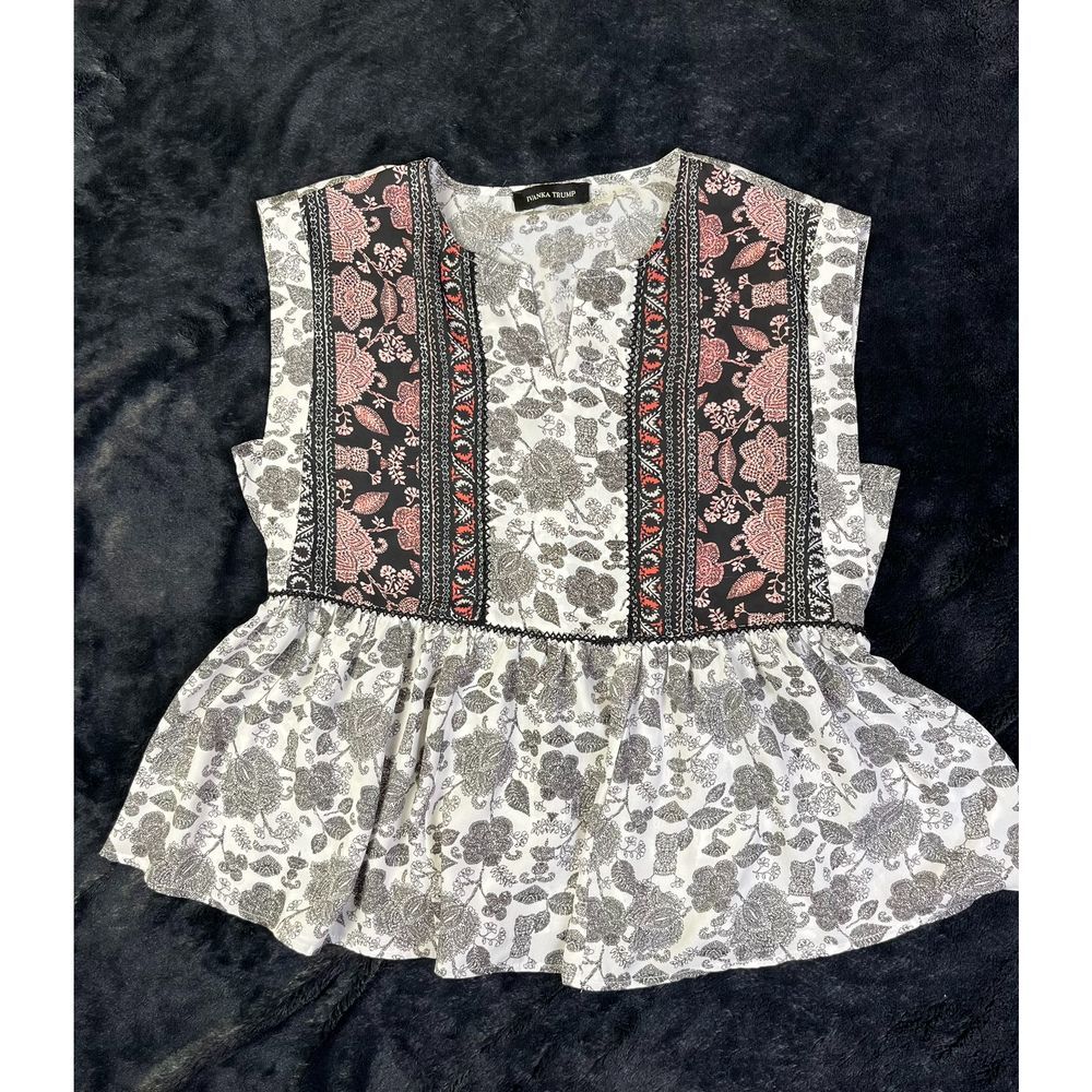 Ivanka Trump Floral Peplum Top Boho Peasant Style Pink Black White Gray Print XL